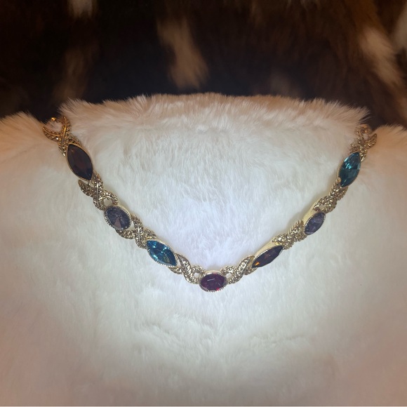 Jewelry - Gold tone and multicolor rhinestone leaf design necklace